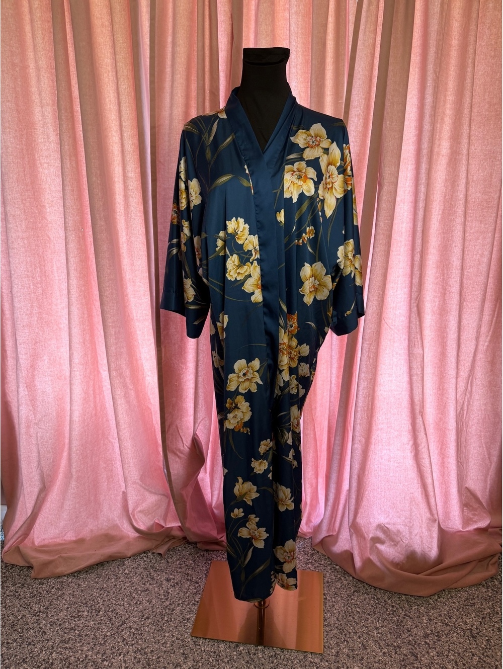 Dark Blue Floral Satin Kimono Robe with Yellow Flowers